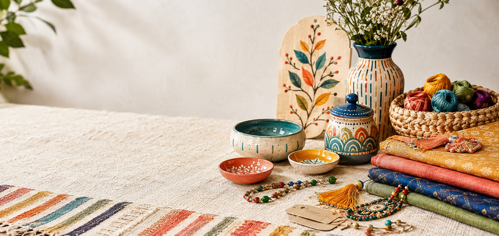 Handmade bowls, textiles, beads, and craft materials arranged on a natural tabletop